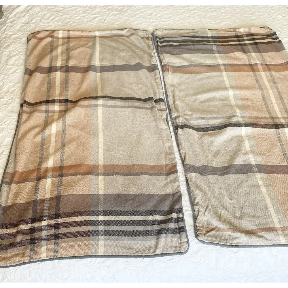 Vtg Linden Street 2 King Pillow Shams Plaid Cottage Cabin Farmhouse Brown Tan